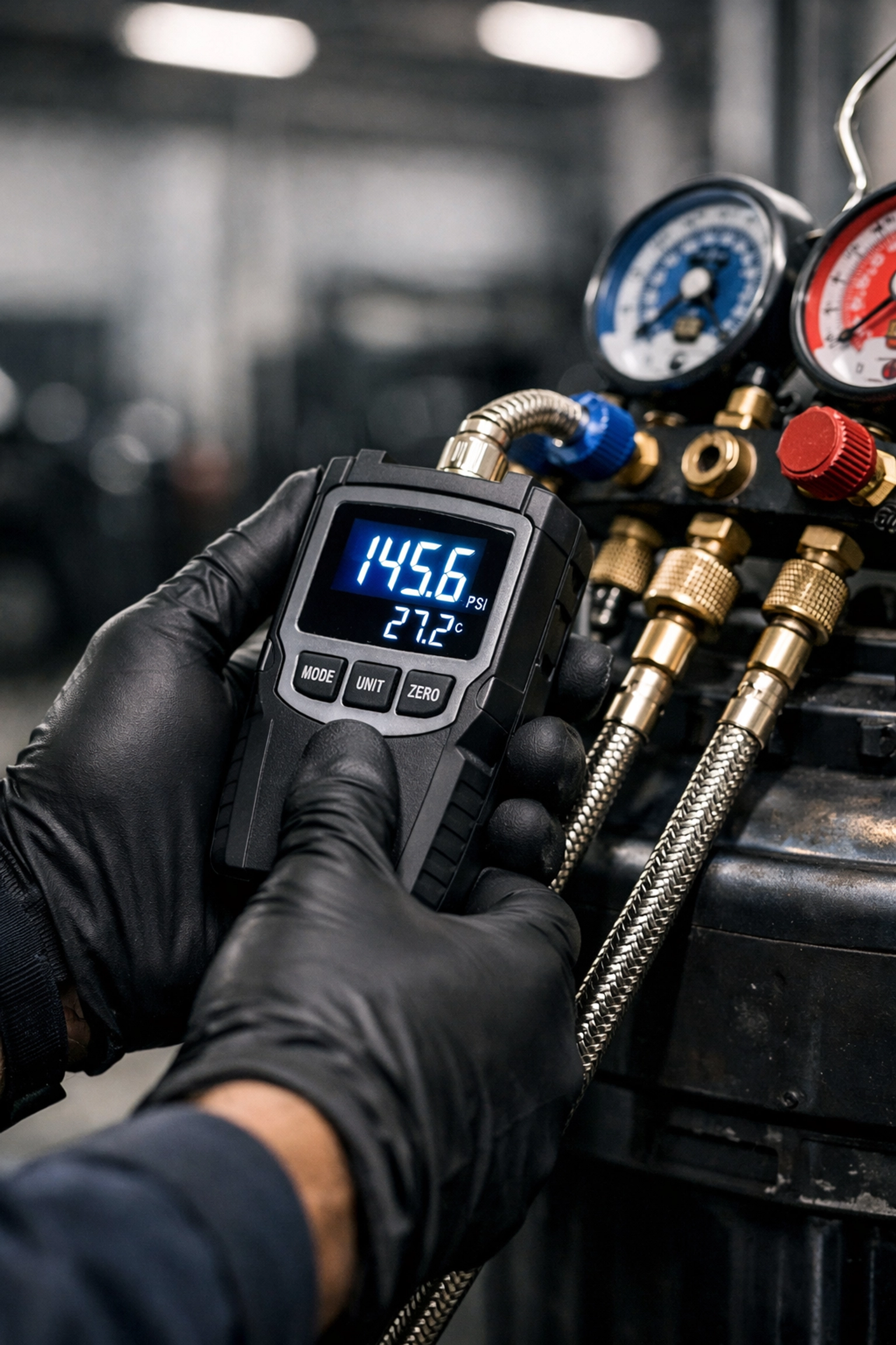 Technician using a digital pressure gauge to inspect a used air compressor for operational reliability.