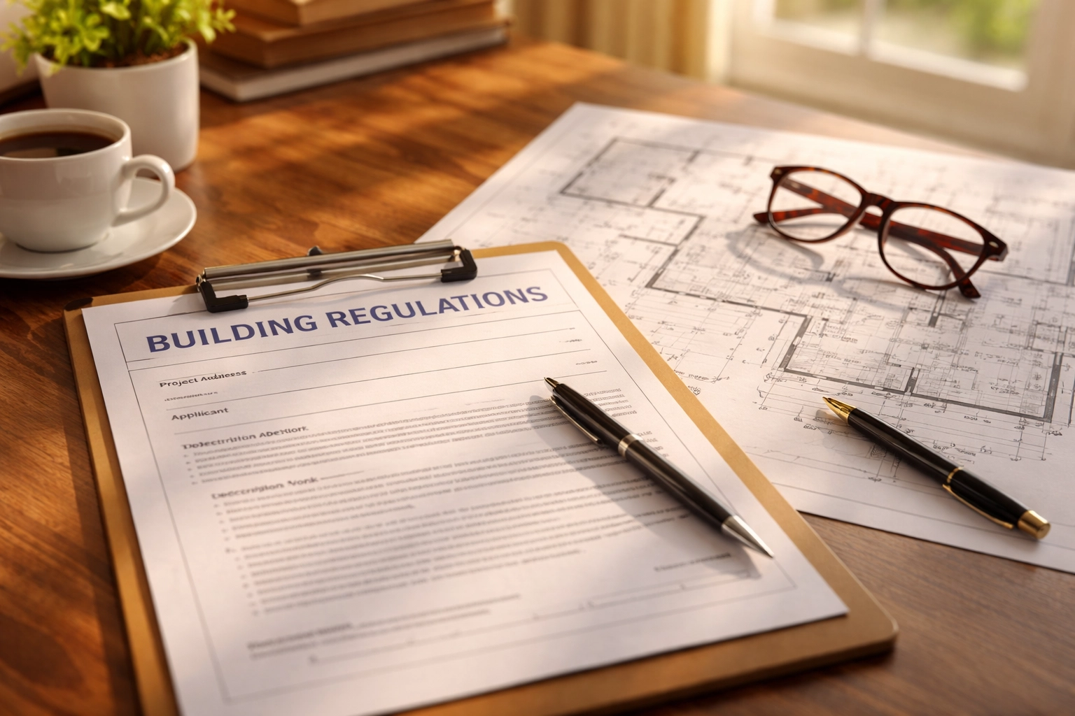 Building regulations documents and architectural plans for a loft conversion project on a home office desk