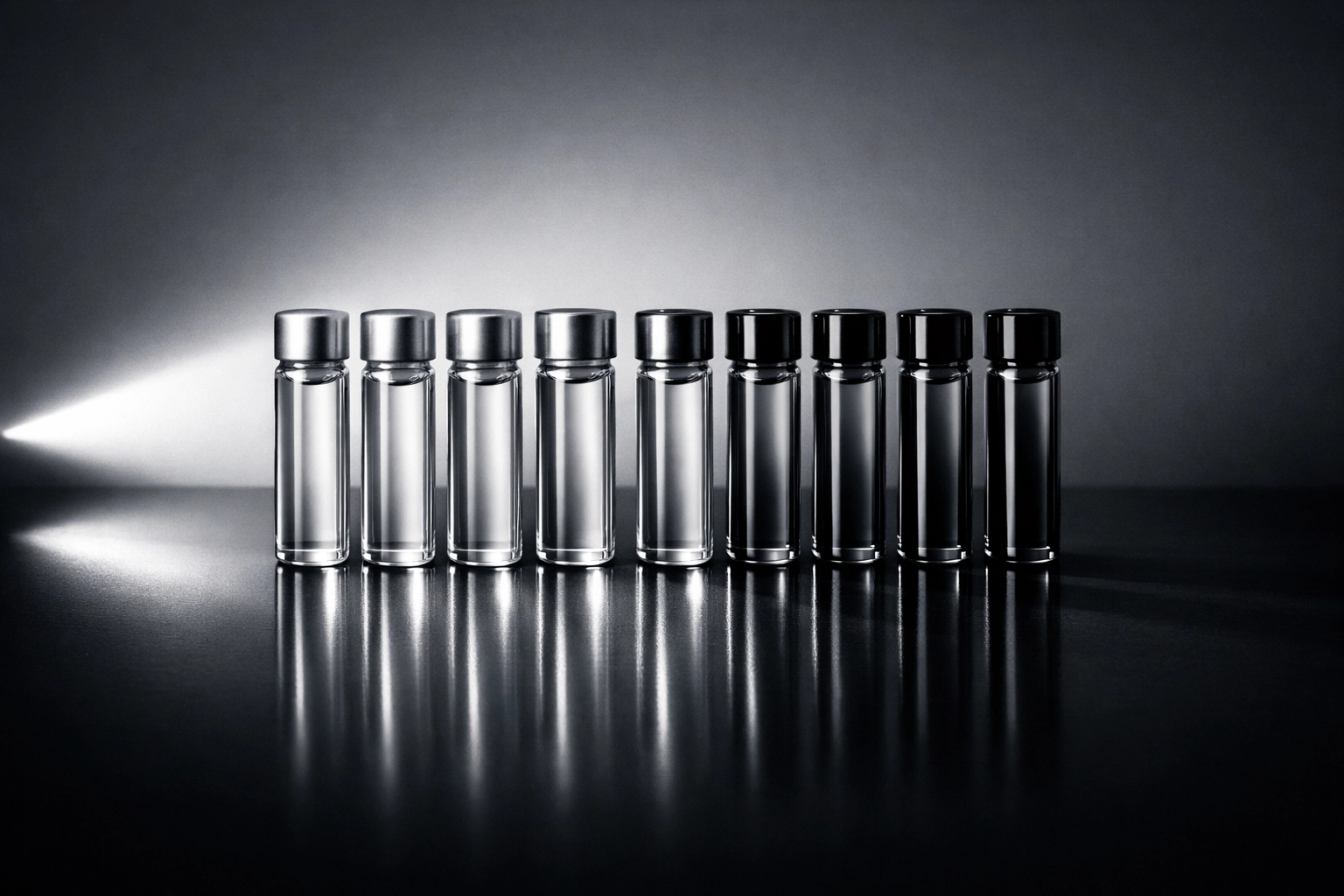 Row of medical vials representing high-purity research peptides for longevity and health optimization.
