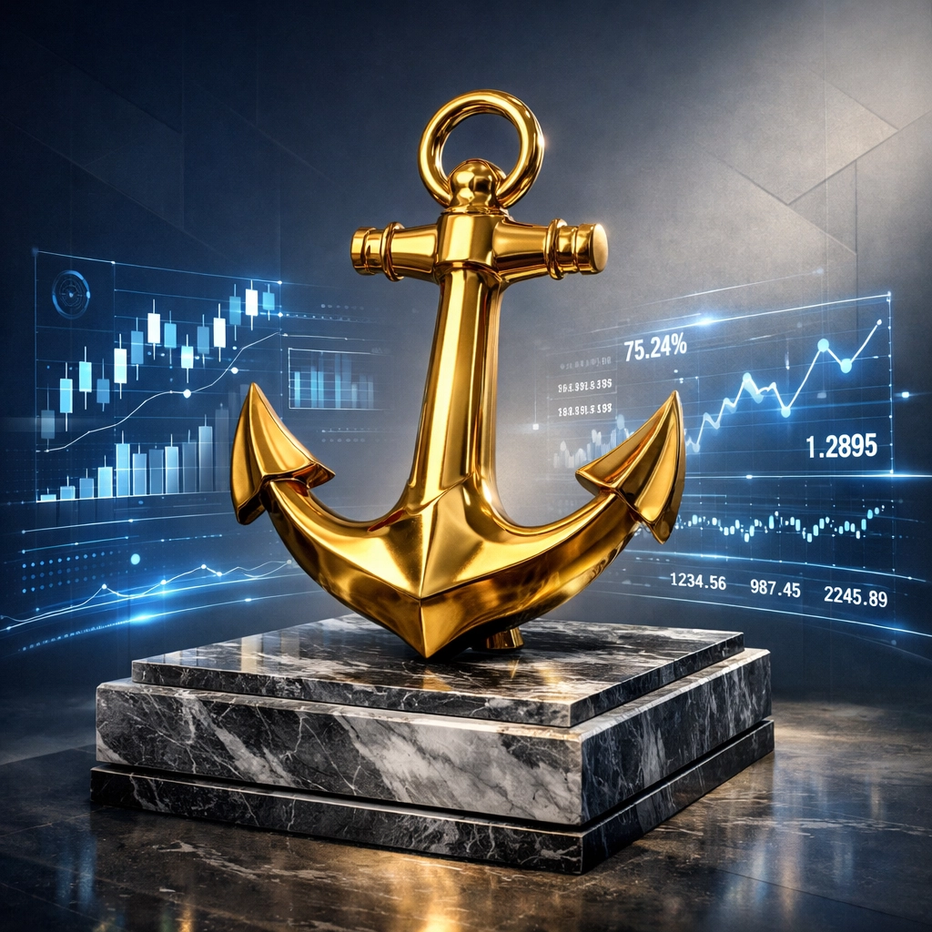 Golden anchor with financial data symbolizing quality-focused portfolio stability for institutional investors