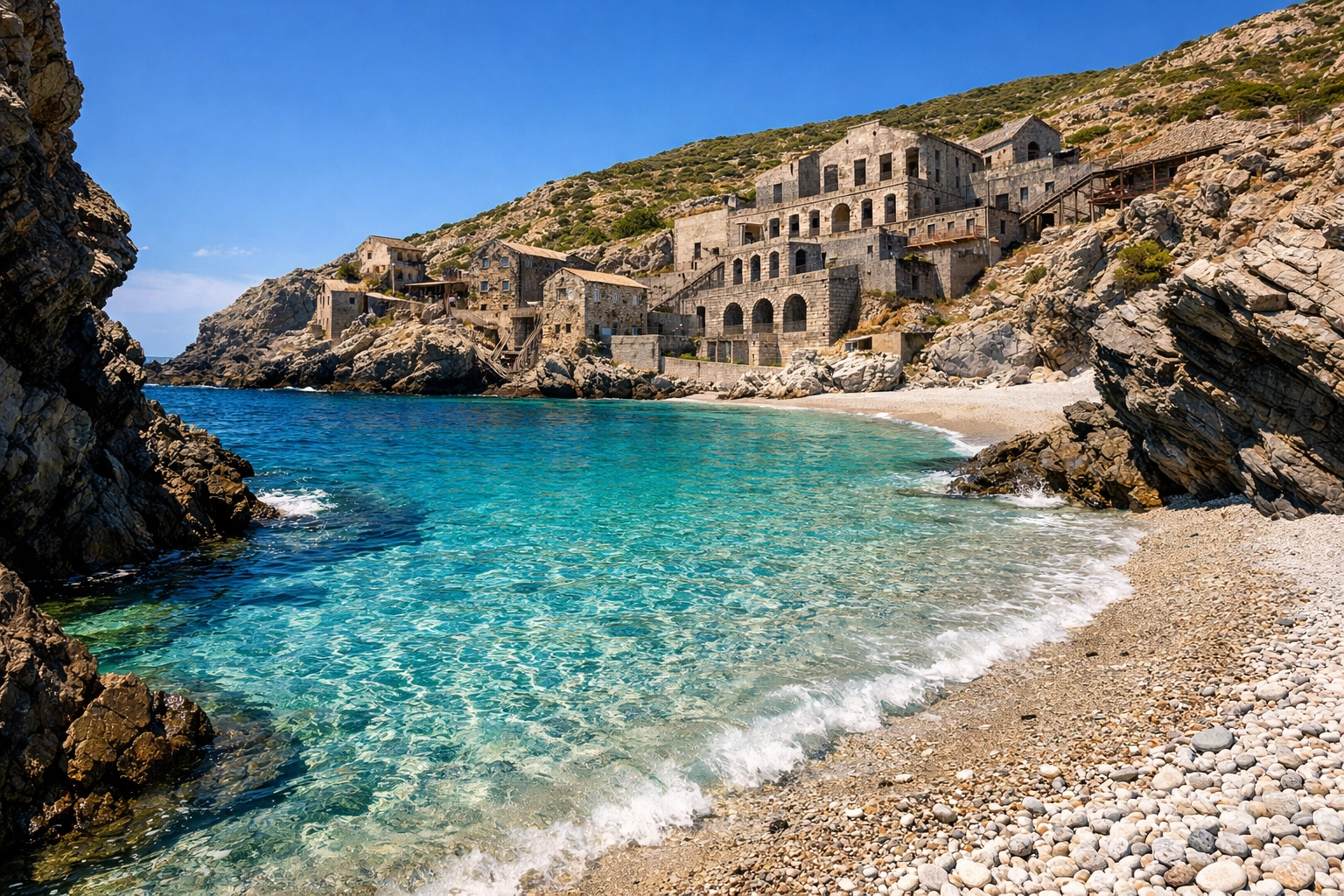 Argentiera Beach with turquoise waters and historic mining village in North West Sardinia