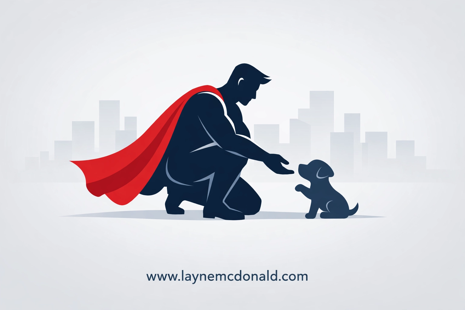 Minimalist illustration of a hero rescuing a puppy, showing moral excellence and compassion in service.