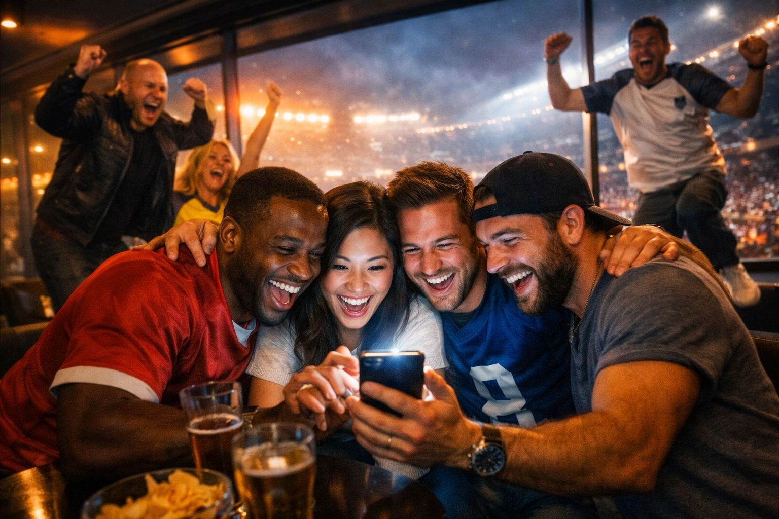 Excited sports fans celebrating and sharing digital content on smartphones during a high-stakes stadium game.