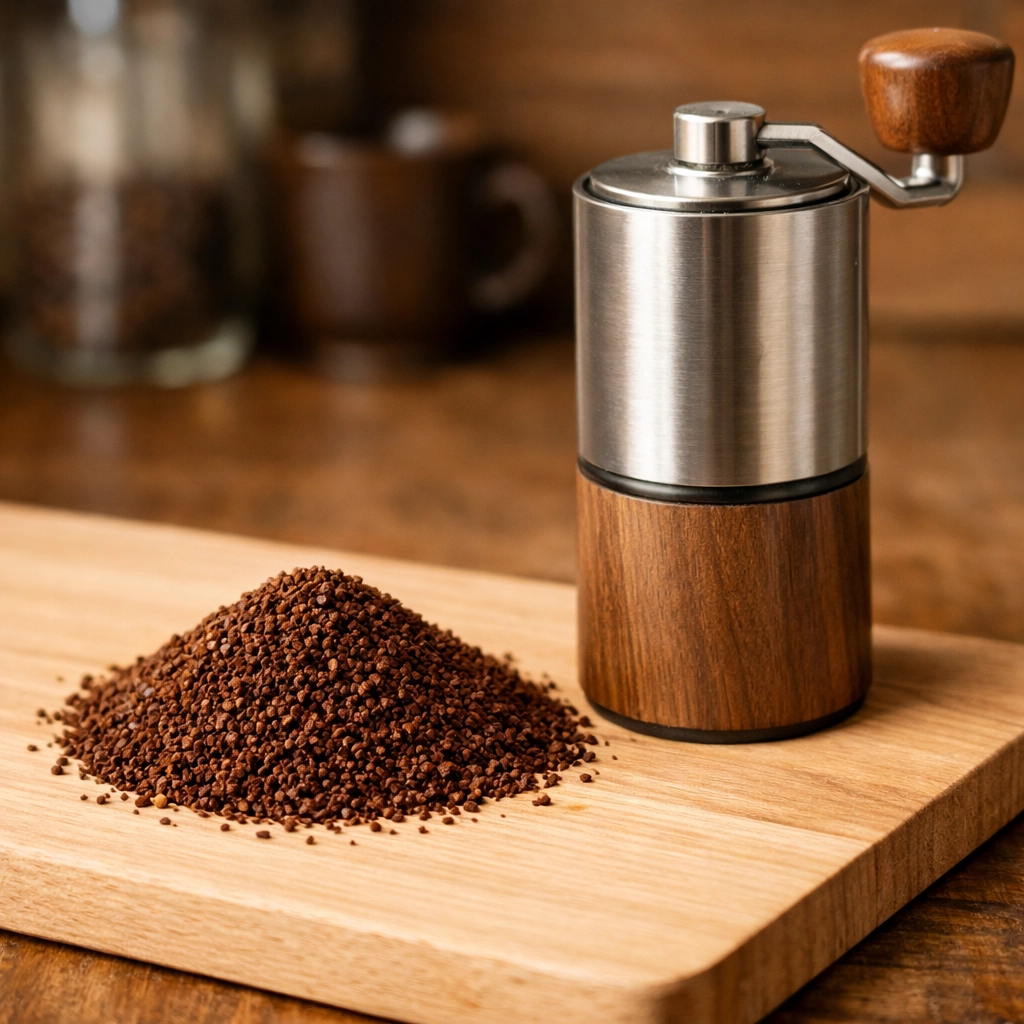 Freshly ground coffee with uniform consistency next to a manual burr coffee grinder.