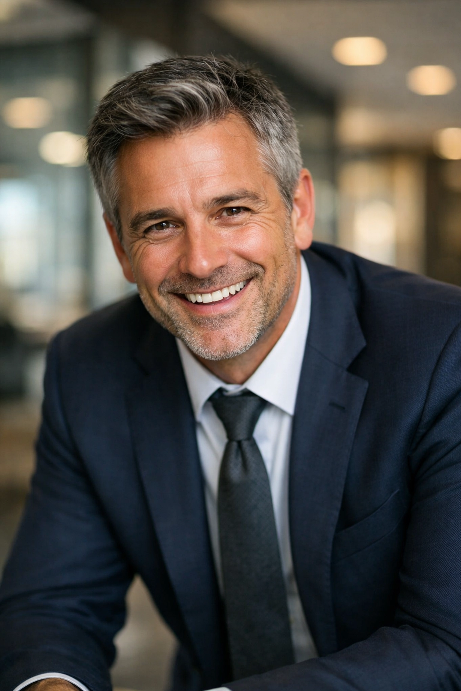 Male executive in an approachable authority pose with a natural smile for a professional corporate headshot.