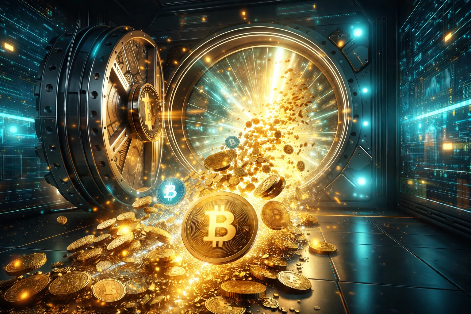 Digital vault releasing crypto tokens symbolizing receivables token liquidity for global merchant payments
