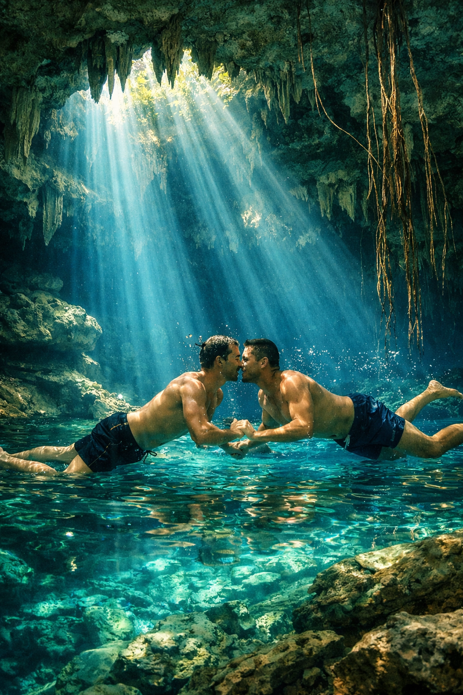 Gay couple swimming in crystal-clear Tulum cenote with sunlight streaming through opening