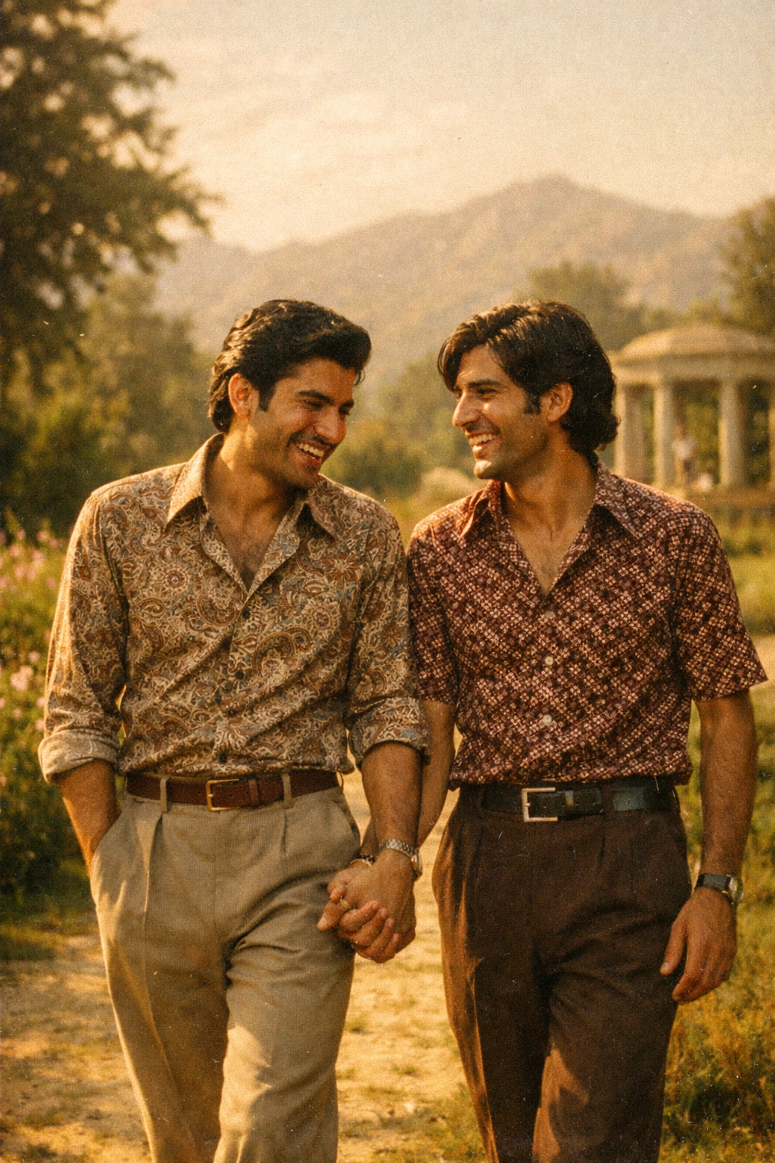 Two Afghan men holding hands in a 1970s Kabul garden, illustrating gay historical romance.