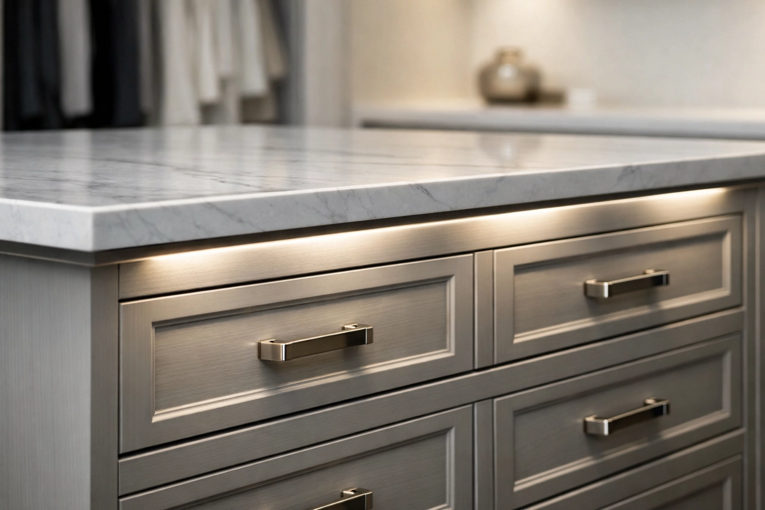 Recessed LED strip lighting under a custom closet island countertop for a premium finish.