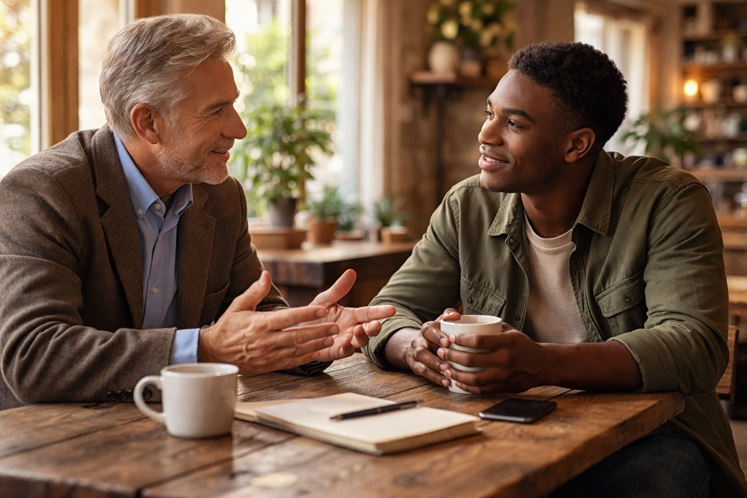 Mentor and mentee exchanging meaningful conversation in a cozy caf&eacute;, illustrating authentic relationships in leadership.