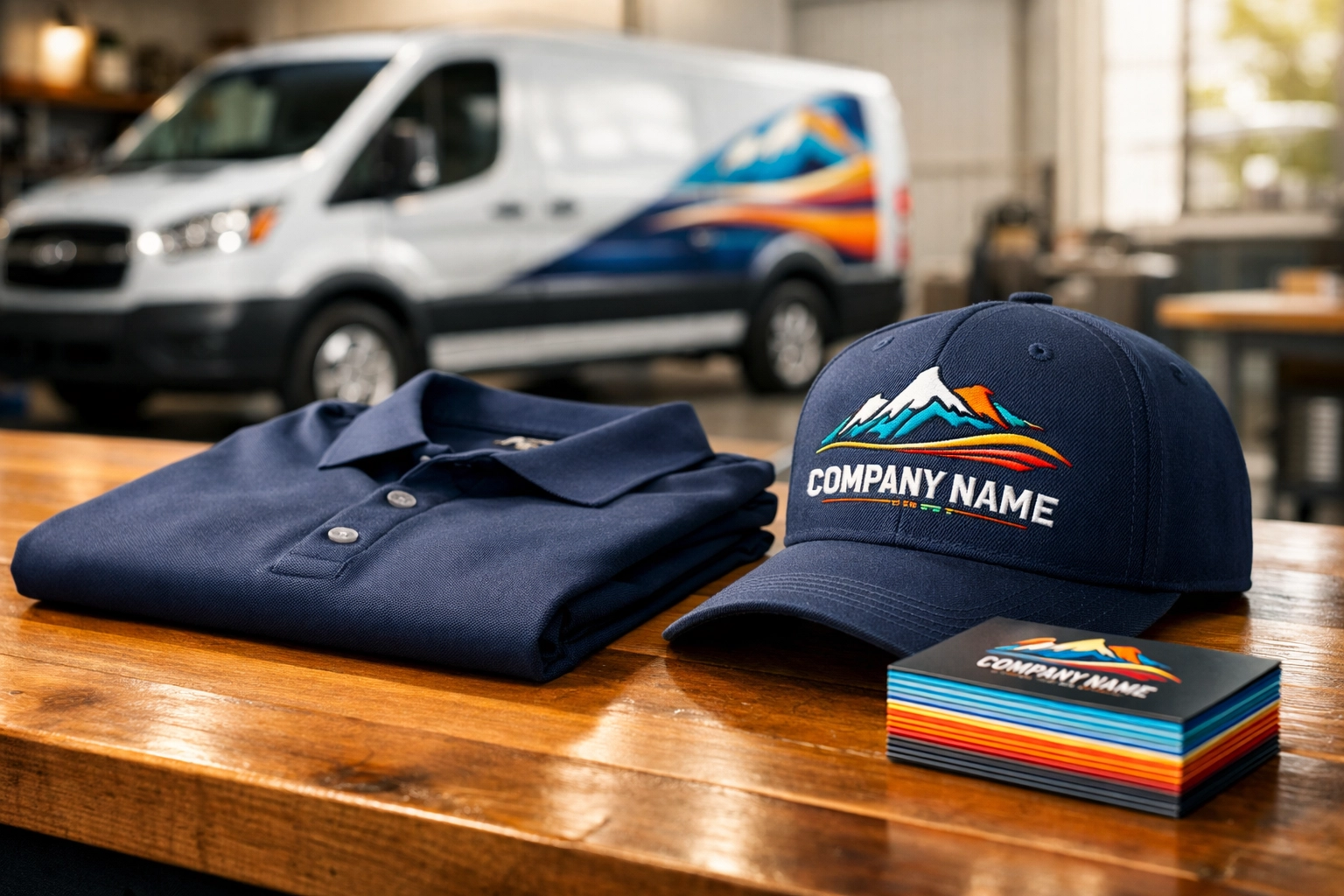 Startup branding essentials for DFW businesses featuring custom embroidery, business cards, and car decals.