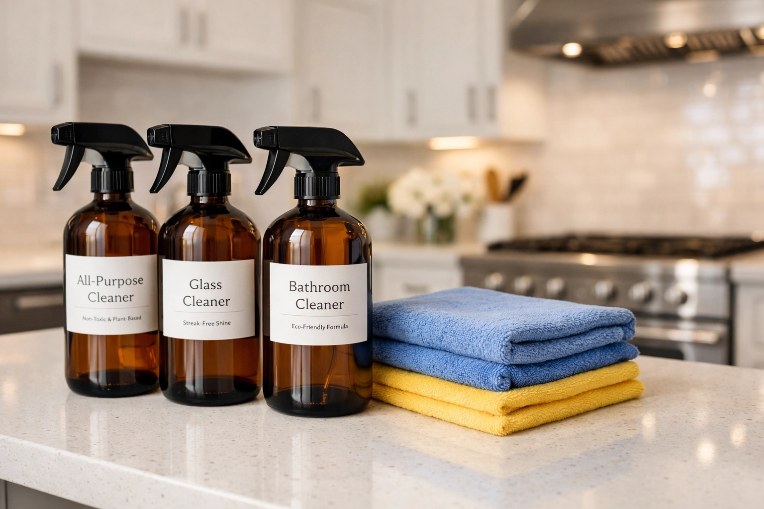 Eco-friendly cleaning supplies on a kitchen counter for a non-toxic deep cleaning in Wellesley MA.