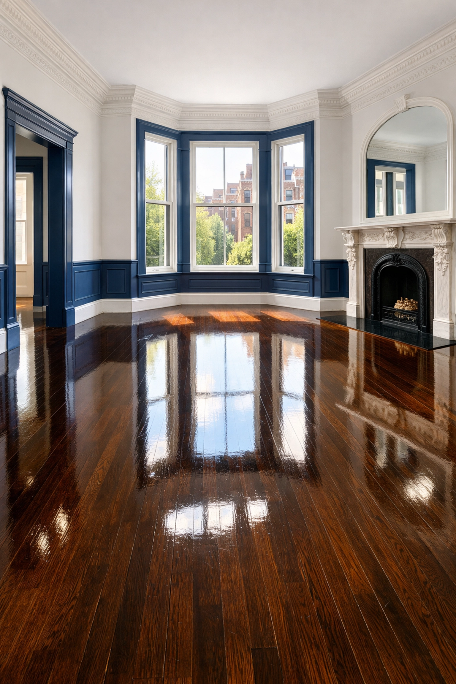 Professional move-out cleaning in a Boston brownstone with spotless hardwood floors and bright sunlight.