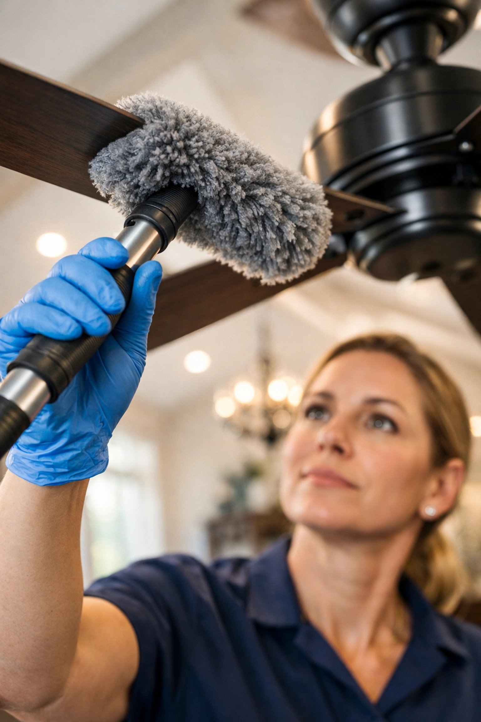 Professional cleaner dusting a ceiling fan in an Orlando home with healthcare-level attention to detail.