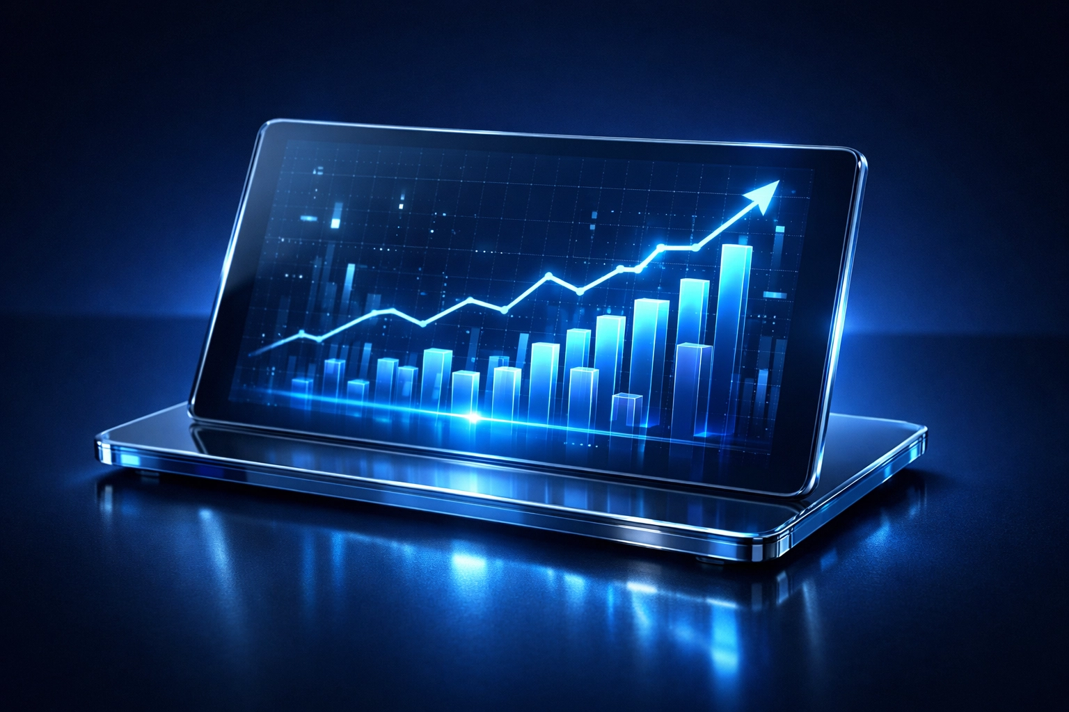 Digital tablet displaying blue financial growth charts and real-time business performance data.
