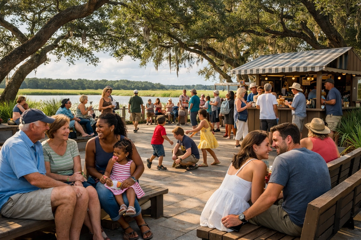 Community members gathering at renovated waterfront plaza in coastal Carolina