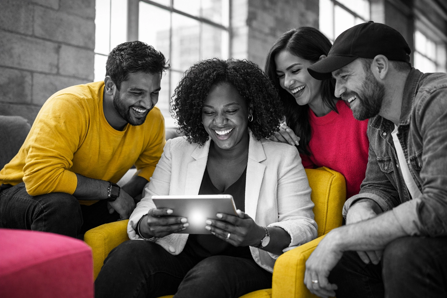 A Black woman entrepreneur and diverse team collaborating authentically in a modern creative studio.