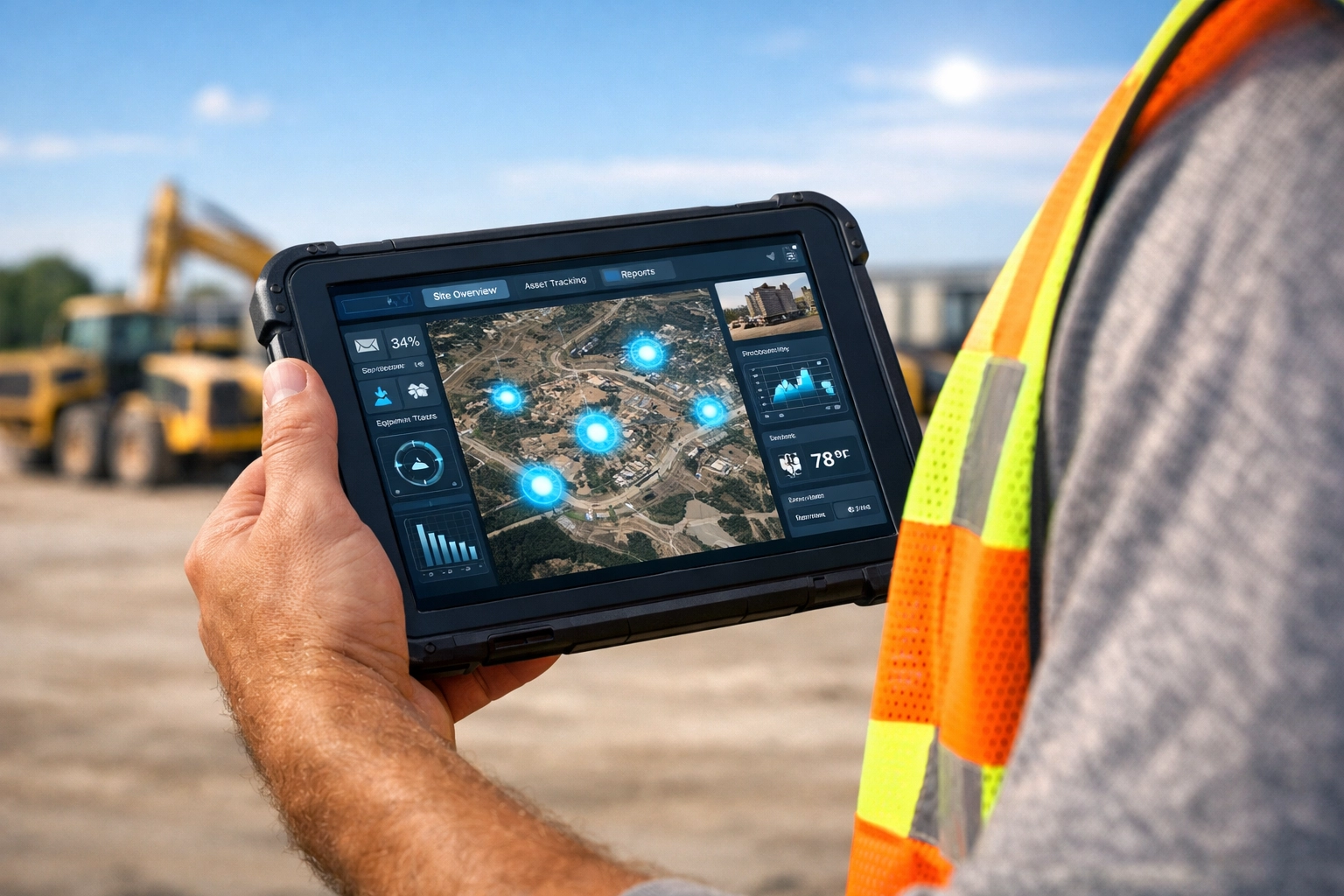 Construction foreman tracking mobile assets on a tablet to manage equipment risk and maintenance.