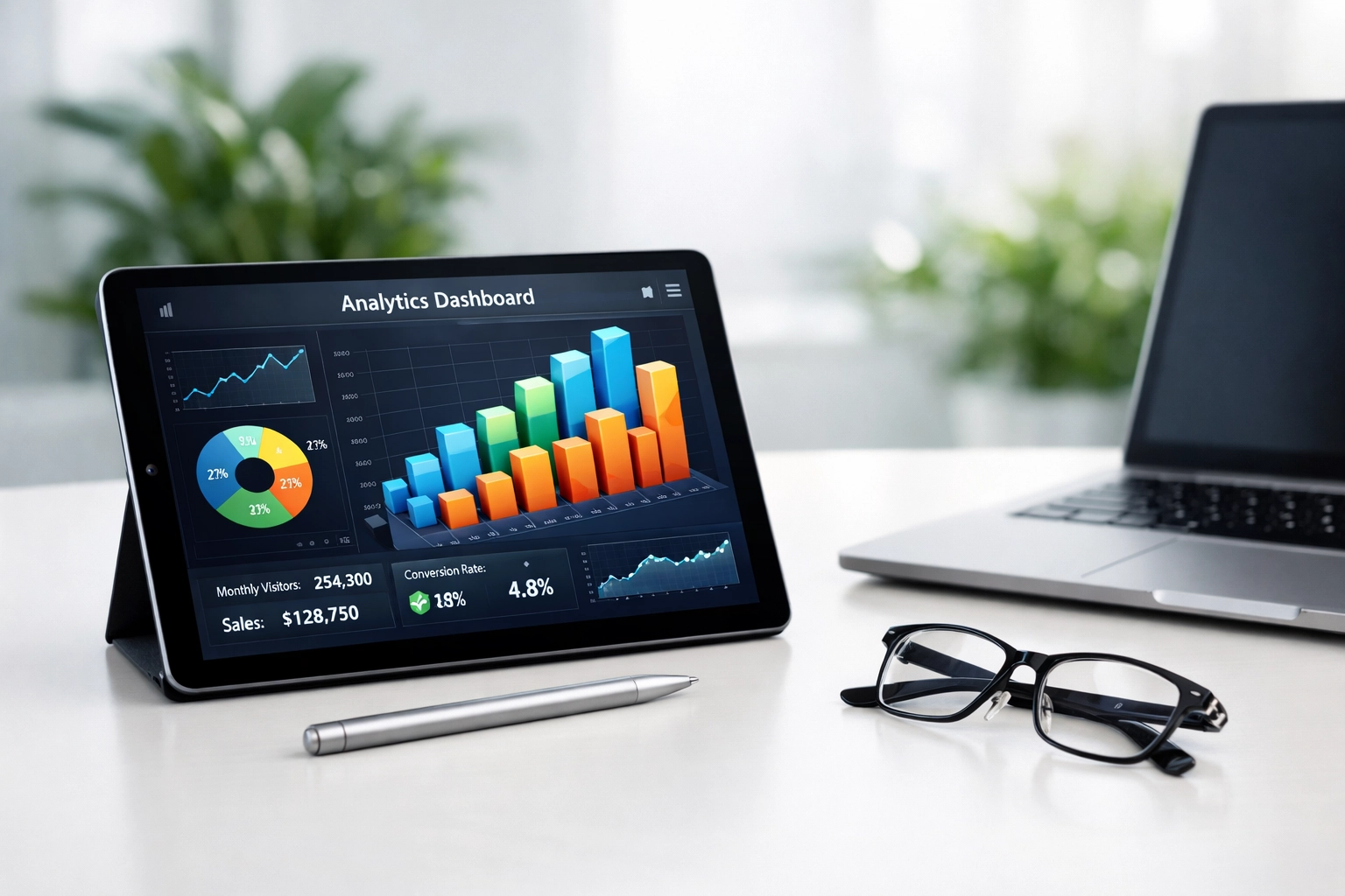 Digital media innovation analytics dashboard on a tablet showing strategic consulting data.
