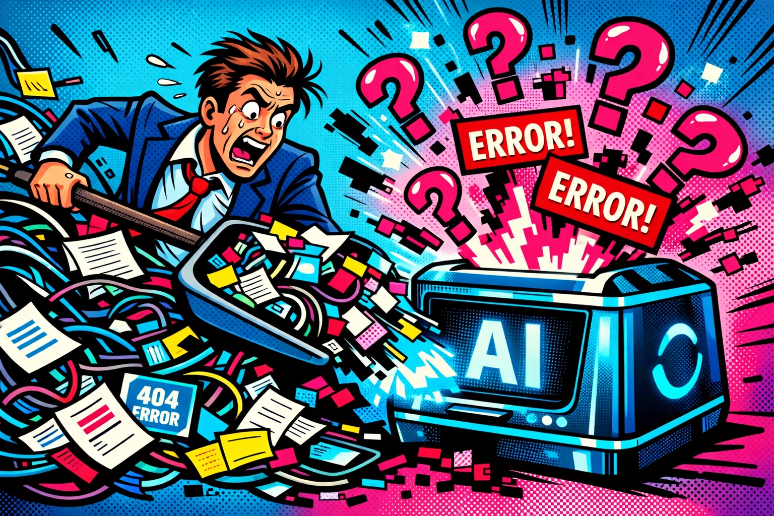 Illustration of a business owner feeding messy data into automation tools causing AI errors.