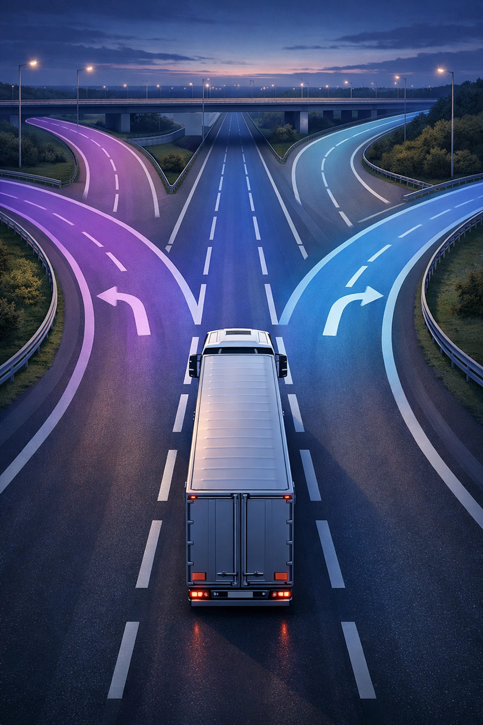 HGV truck at motorway junction showing different route options for drivers