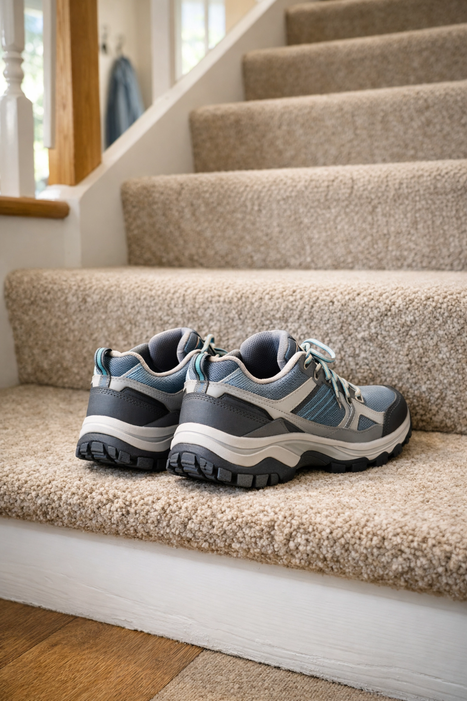 Supportive non-slip walking shoes on a carpeted staircase to prevent falls at home.