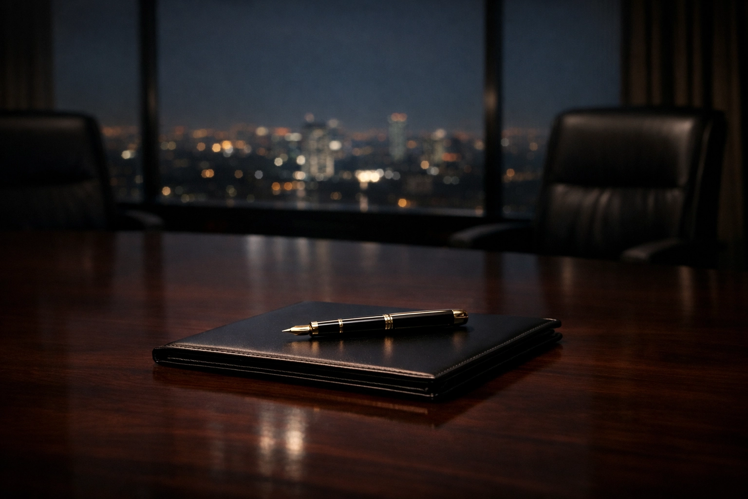 An empty diplomatic conference table at night symbolizing the breakdown of peace talks in the Middle East.
