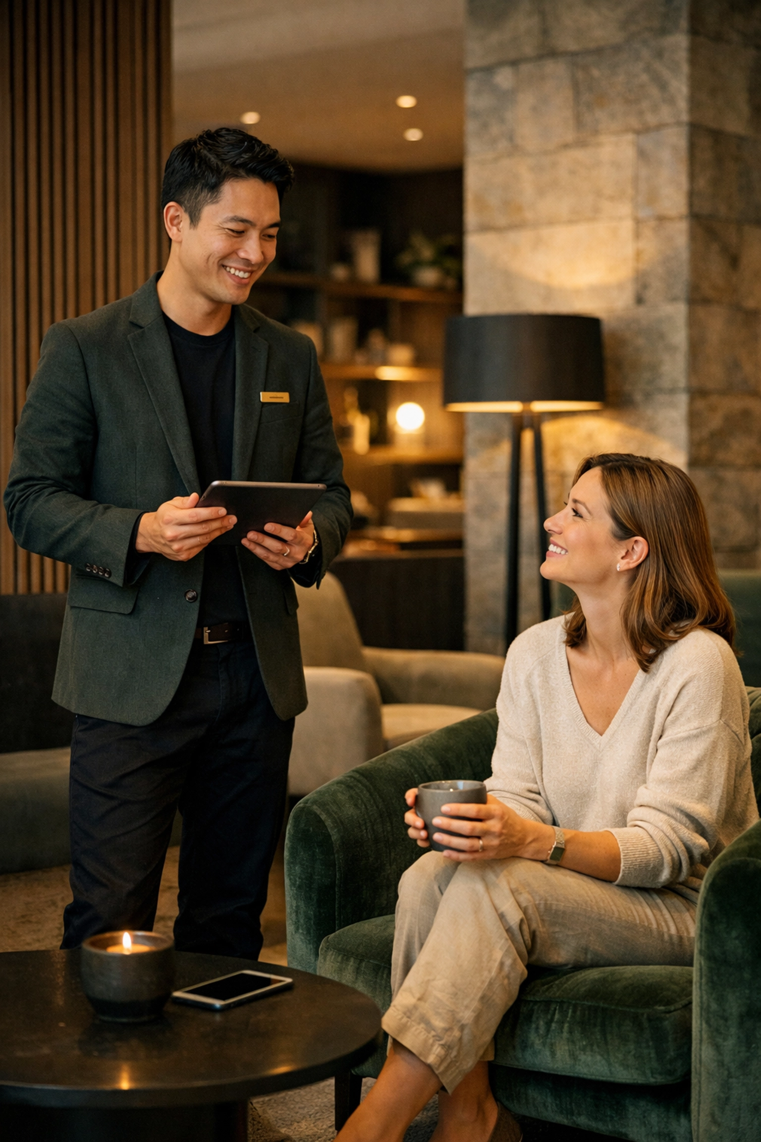 Hotel staff using mobile PMS on a tablet to provide personalized guest service in a modern lobby lounge.