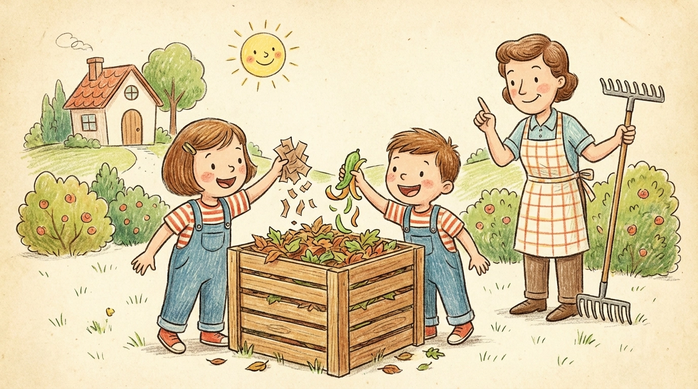 Two children layer food scraps and paper in a backyard compost bin, showing kids how to start compost at home.