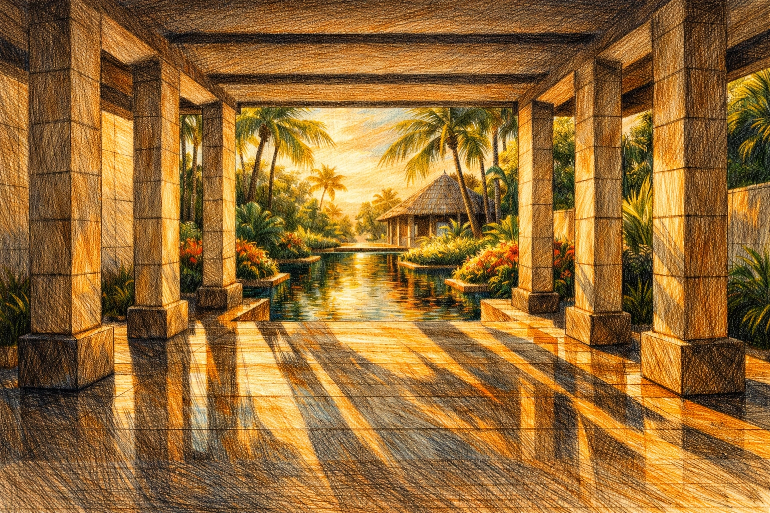 Minimalist luxury resort entrance blending stone architecture with a lush tropical garden.