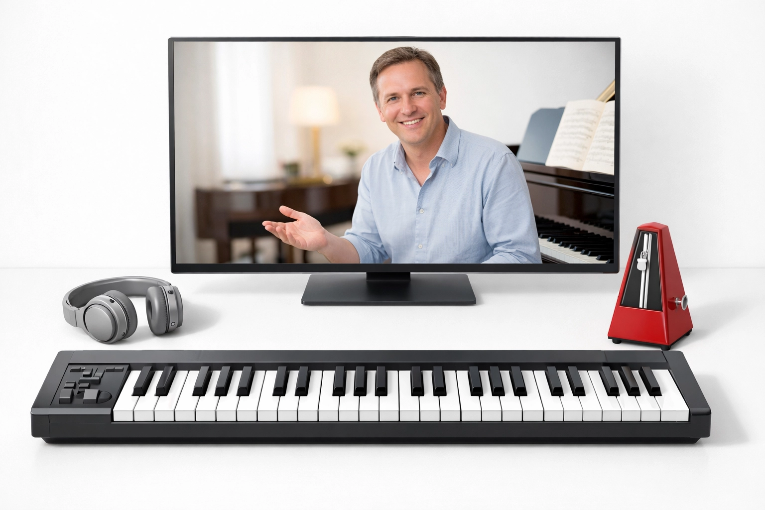 Modern music education 2026 setup with a professional online piano teacher on a digital screen.