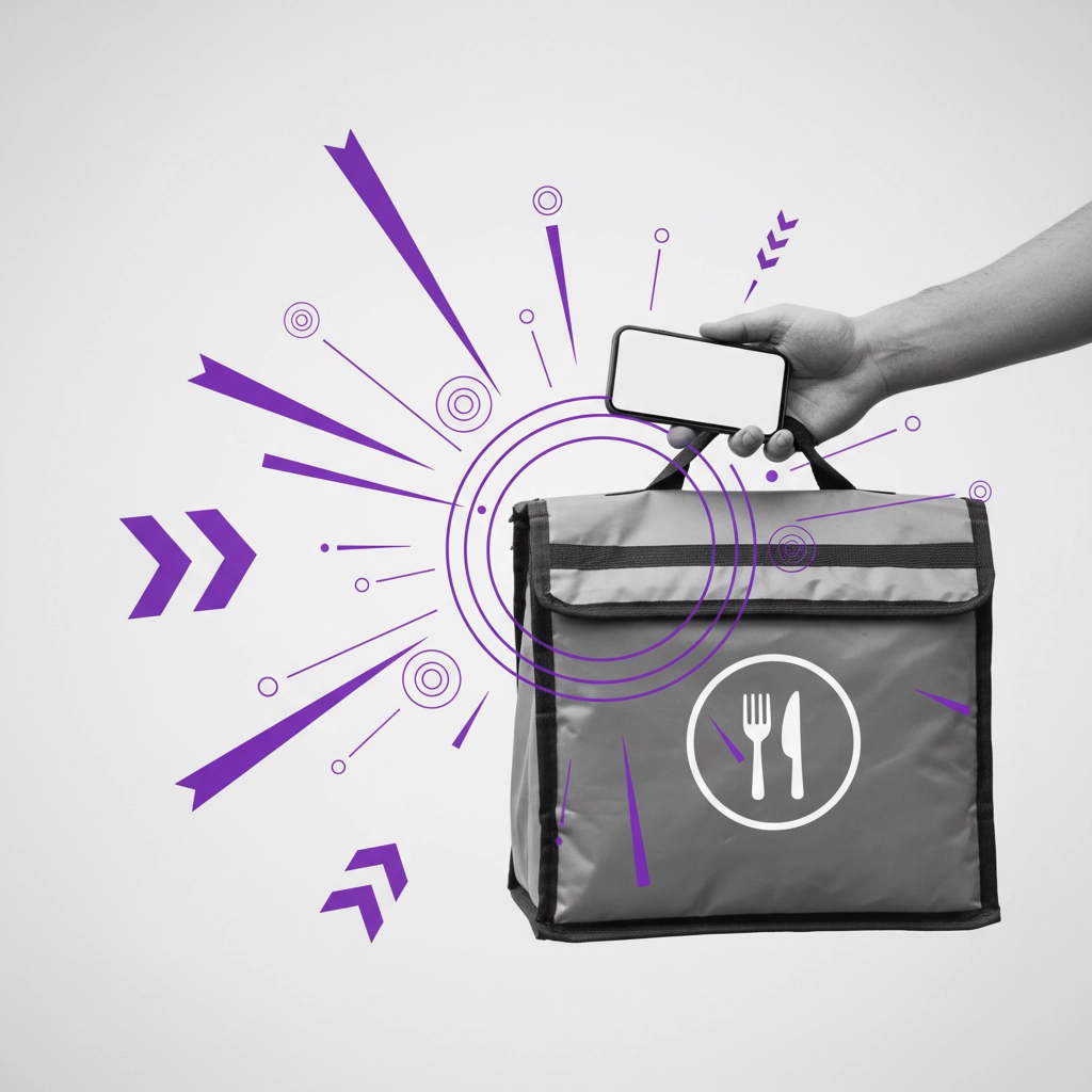 Hand holding thermal food delivery bag with mobile phone