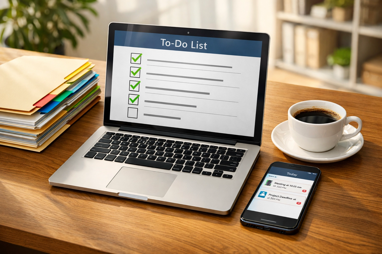 Organized transaction coordination desk with digital checklist and color-coded files for real estate deals
