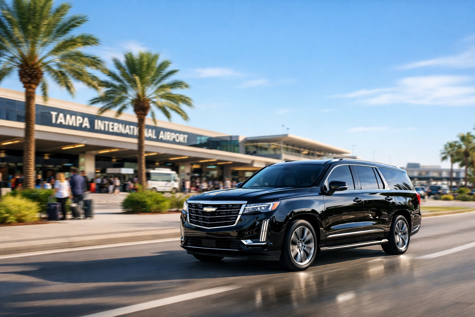 Luxury SUV providing TPA airport transportation outside the busy Tampa terminal during spring travel.