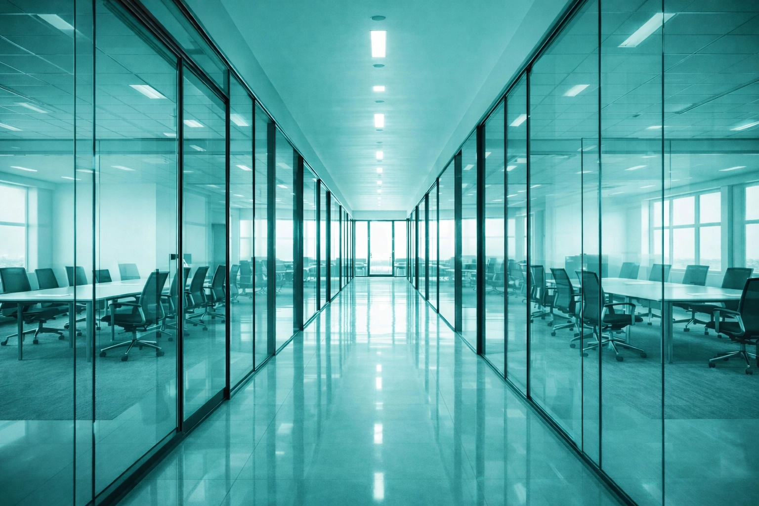 Glass-walled office conference rooms demonstrating transparency in leadership decision-making