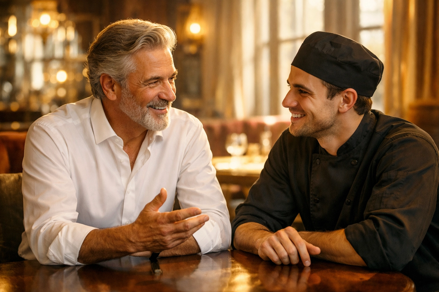 Hospitality leader mentoring a team member on enlightened hospitality and strategic alignment in a luxury dining room.