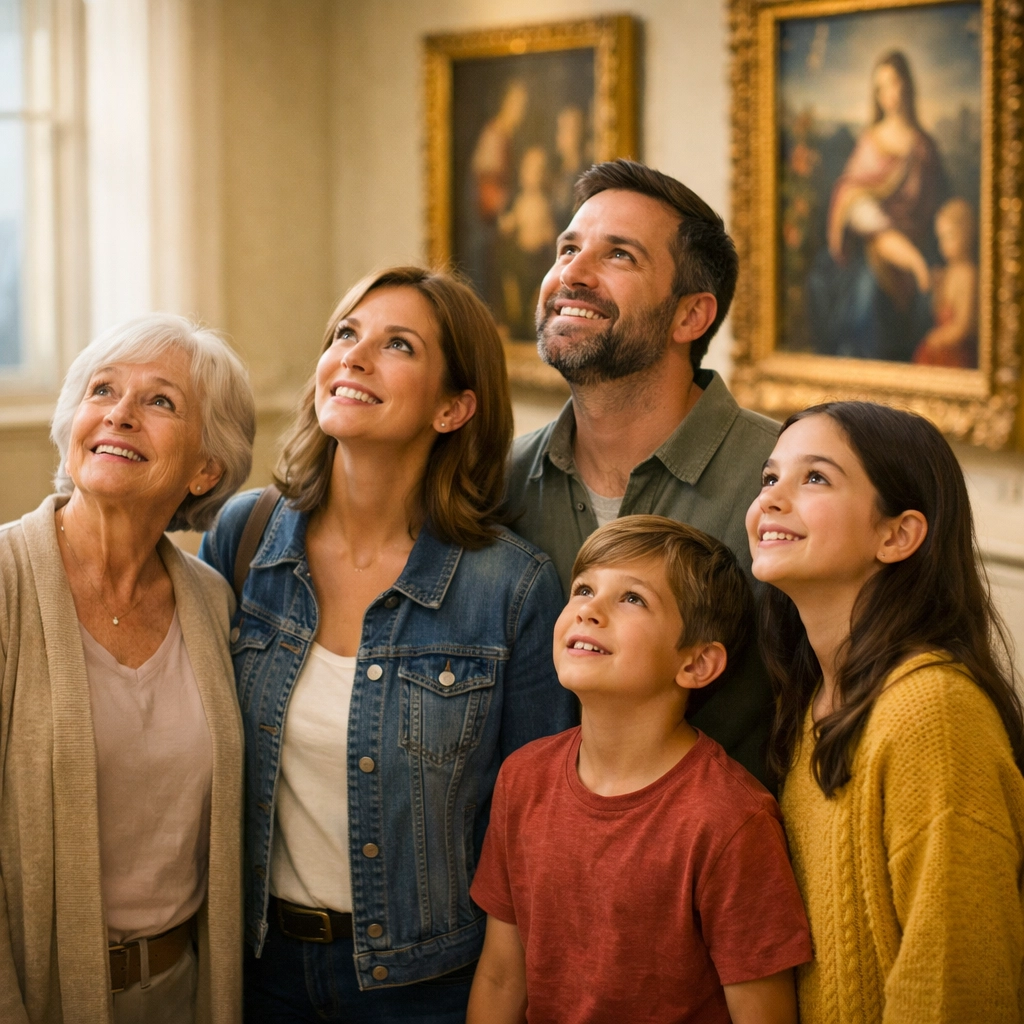 Family viewing Renaissance art at the Metropolitan Museum Raphael Sublime Poetry exhibition