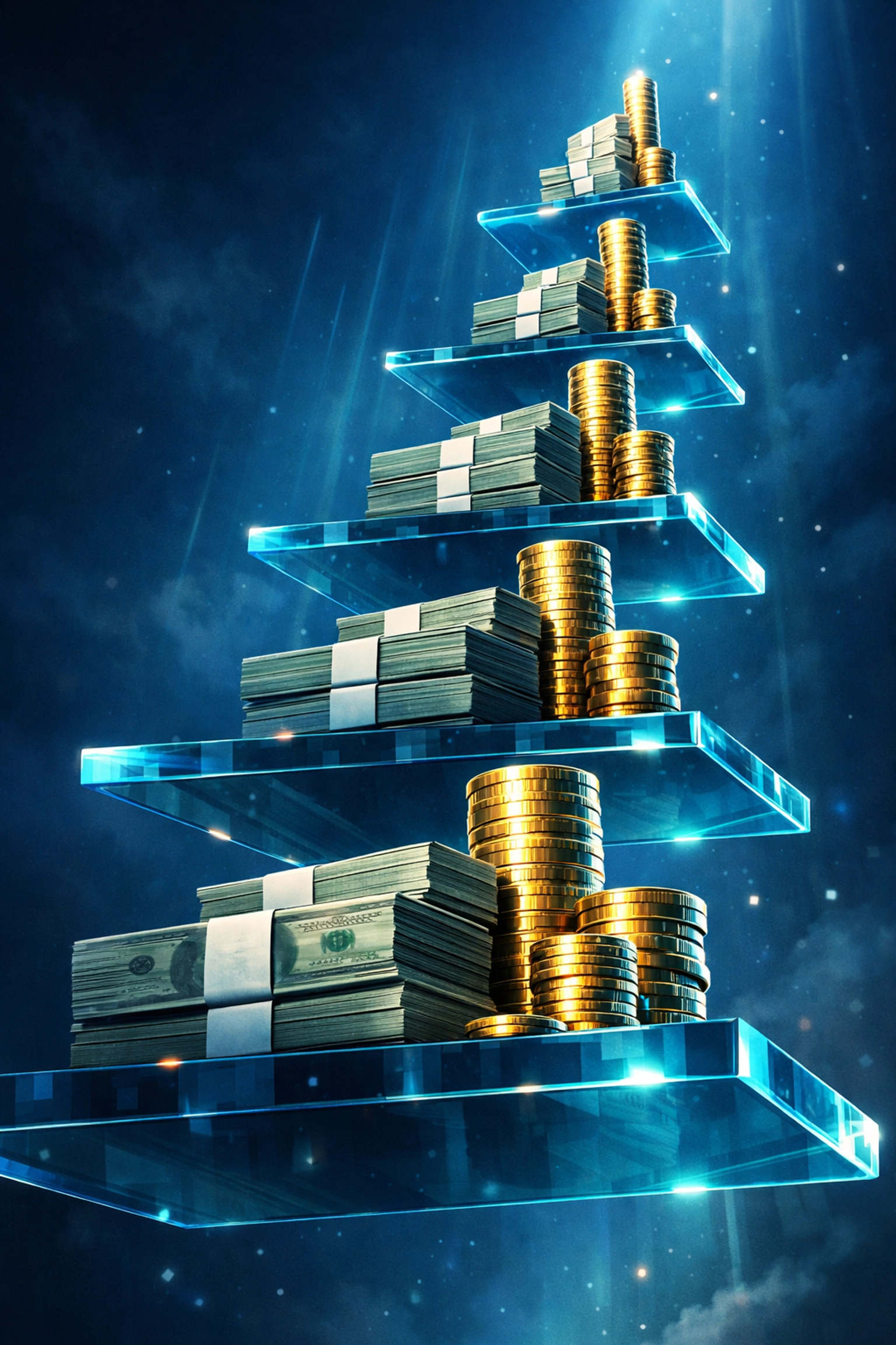 Rising platforms with growing stacks of money representing personal finance trends and retirement levels in 2026.