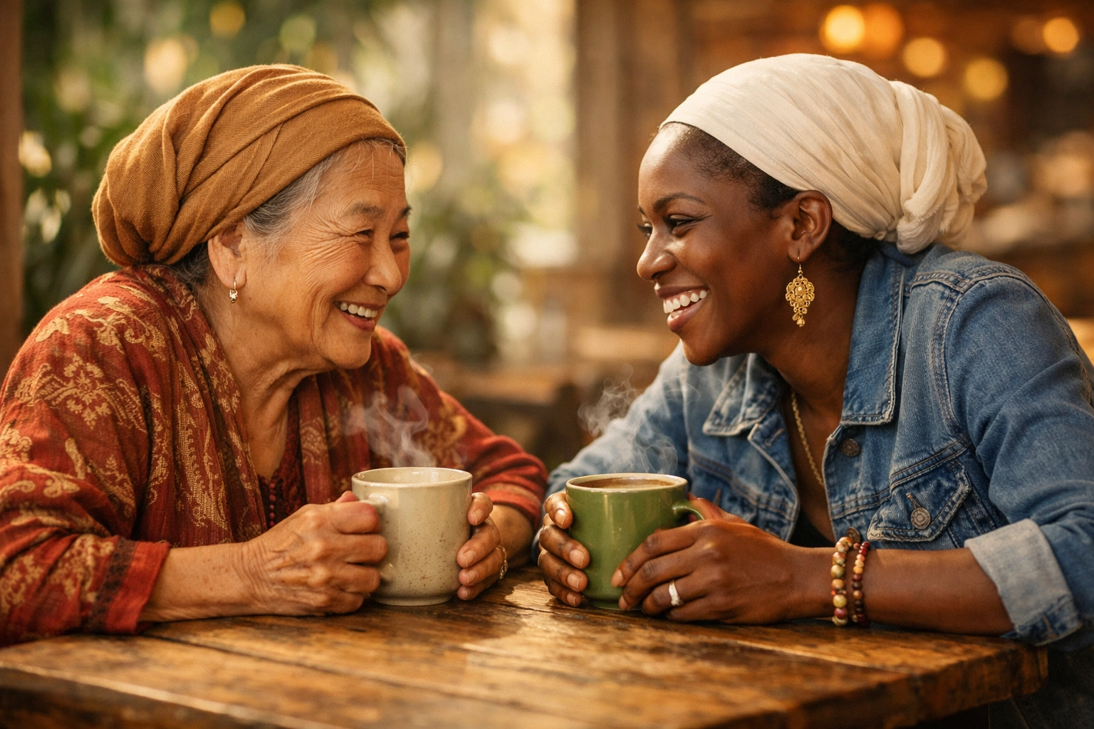 Two friends from different backgrounds talking in a sunlit cafe, building bridges of reconciliation.