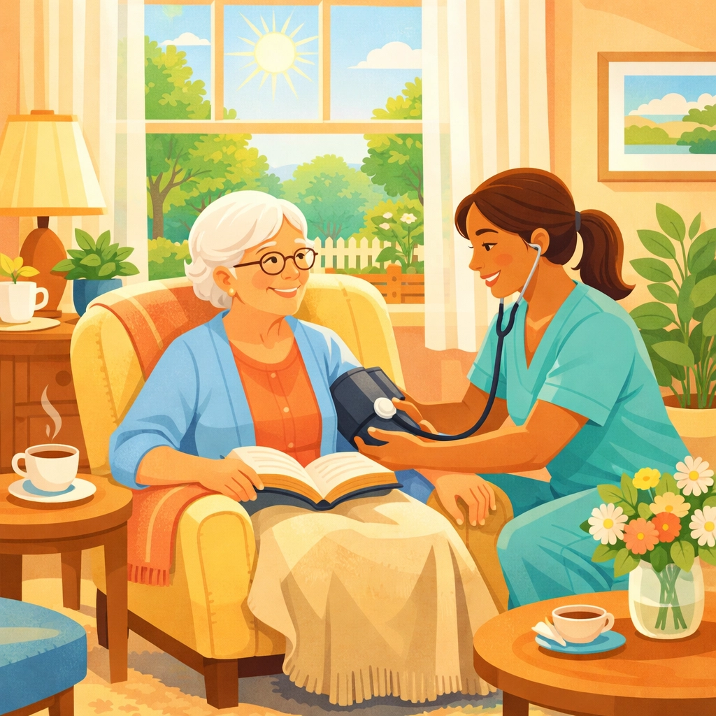 Home health nurse providing skilled nursing care to elderly woman in Georgia