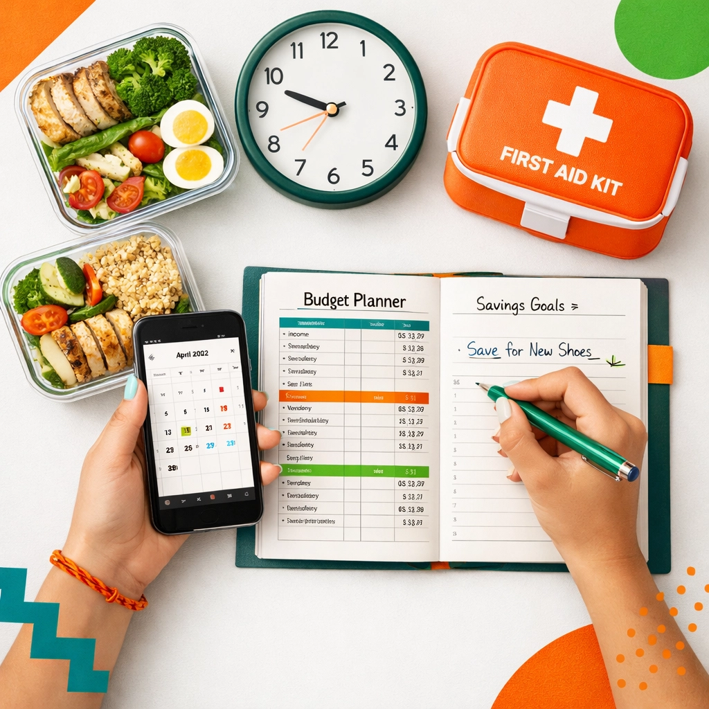 Teen managing life skills including budgeting, meal planning, and time management with calendar