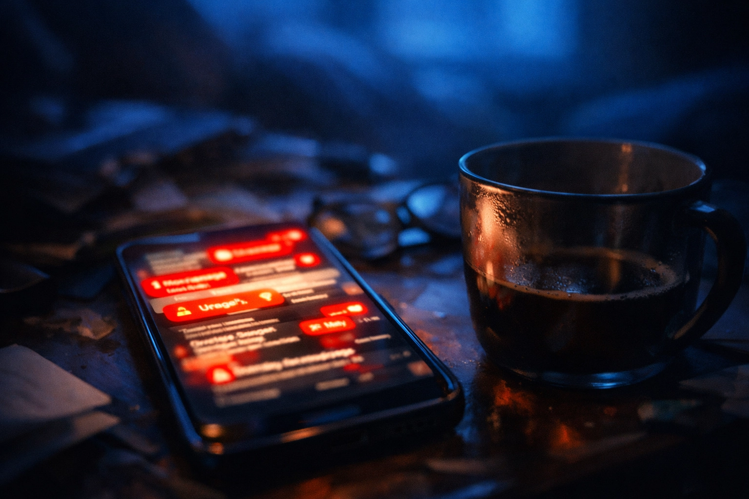 Tense morning scene of a smartphone displaying overwhelming news notifications at dawn.