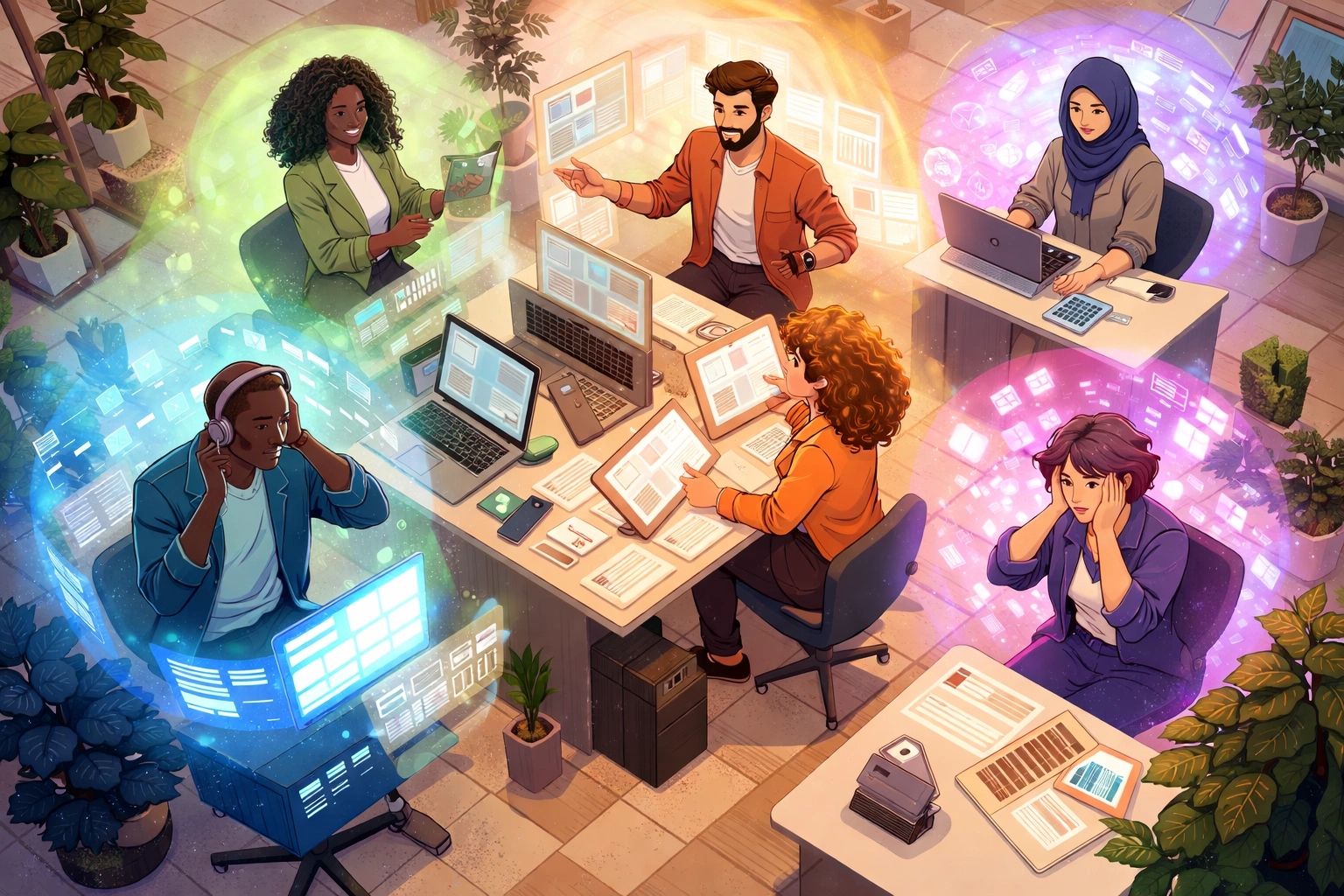Diverse office workers with colored auras highlight neurodiversity and the impact of AI on focus, attention, and sensory sensitivity.