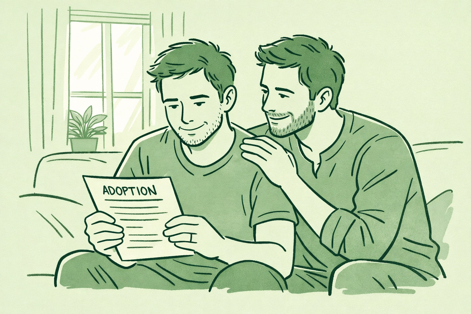 Gay couple reviewing adoption paperwork together on couch, beginning their journey to fatherhood