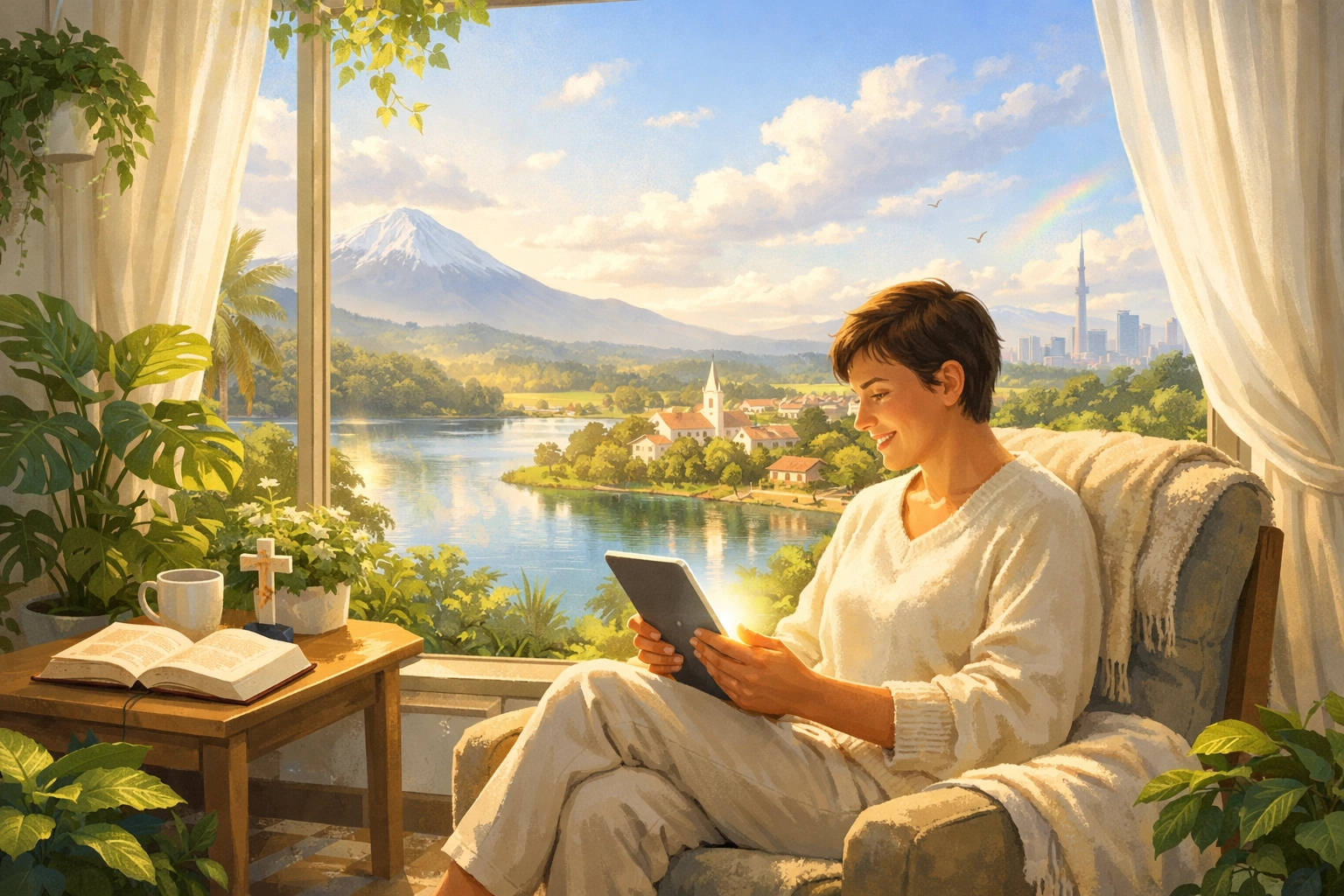 A person connects with God online via a tablet in a sunlit room, representing a global faith journey.