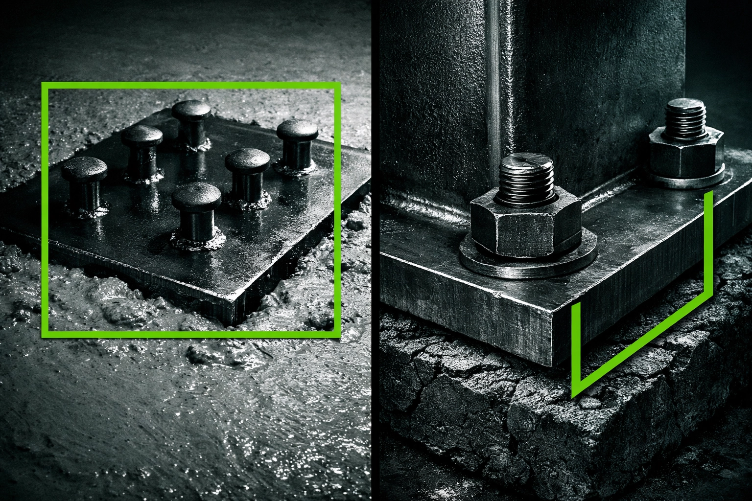 Comparison of a structural steel embed plate in concrete and a heavy-duty base plate for foundation support.