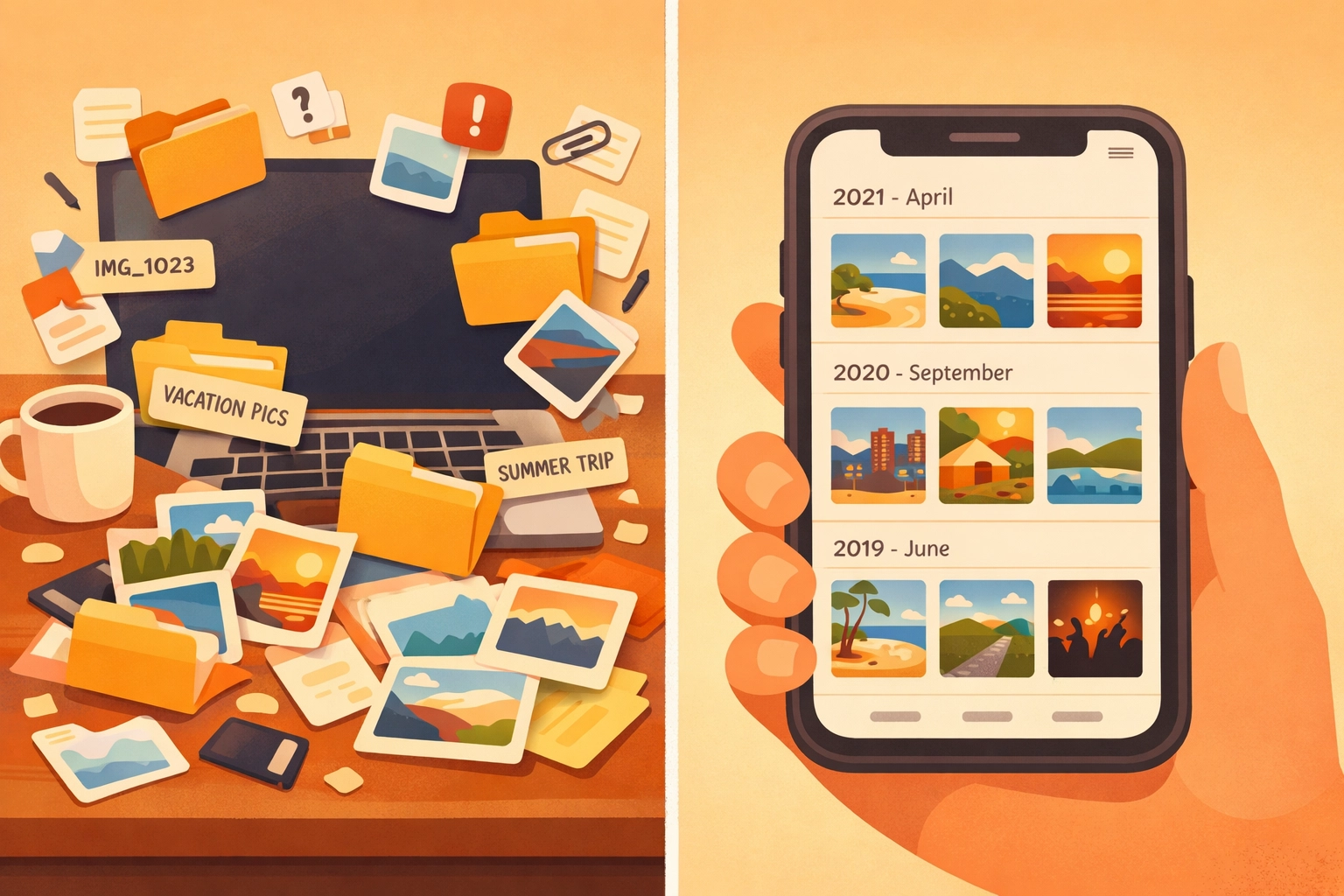 Organized photo timeline on mobile app versus cluttered desktop files for contractors