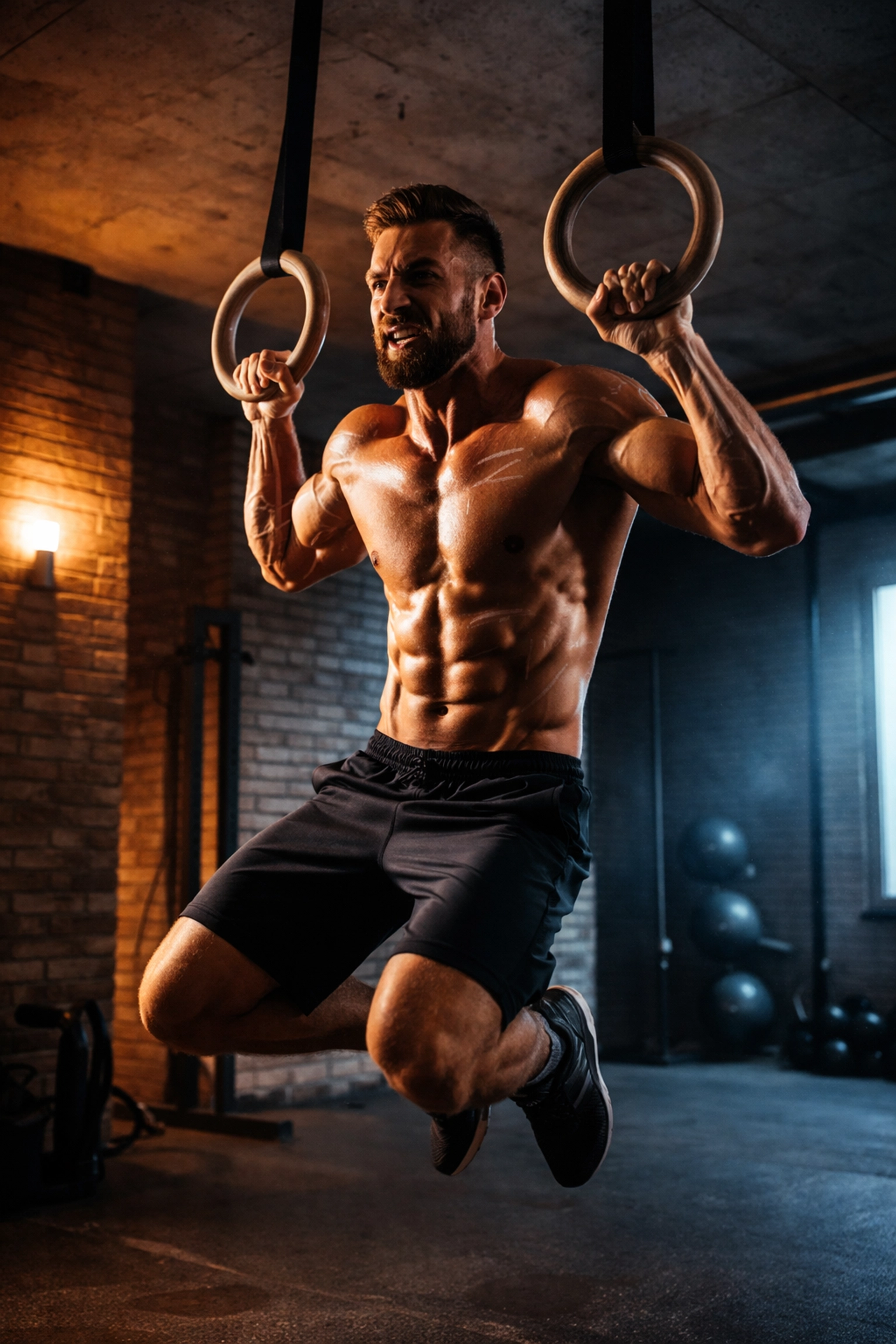 Athlete performing explosive pull-ups on gymnastic rings in a minimalist home gym, demonstrating full body workout intensity.