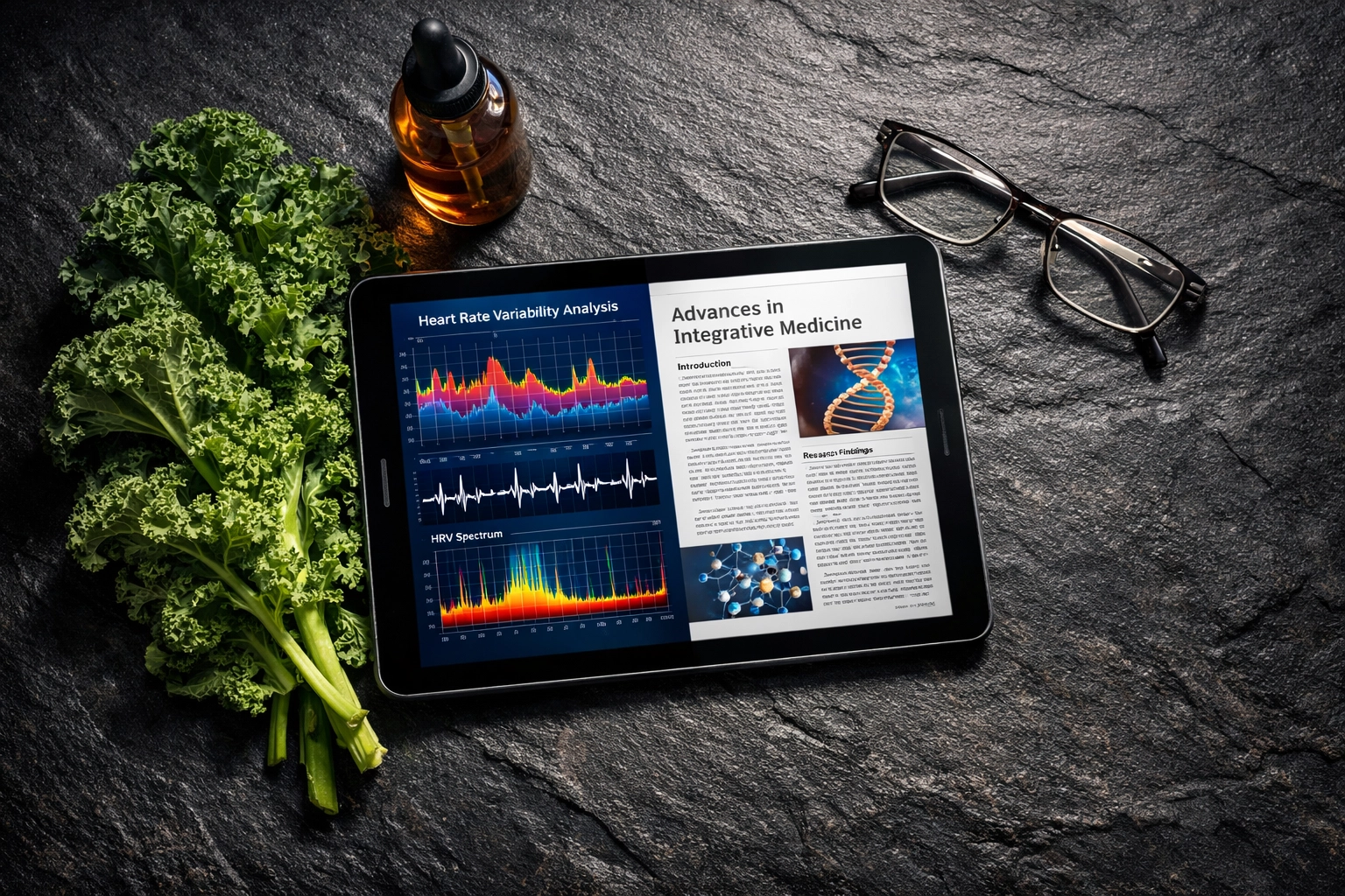 Tablet showing medical data and scientific journals next to fresh kale, representing evidence-based health content.