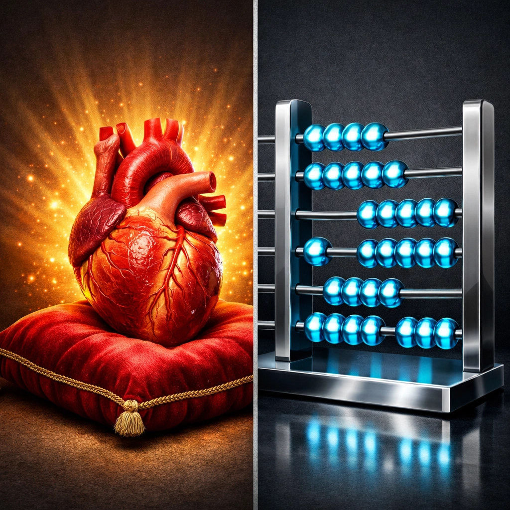 A glowing heart and a mathematical abacus representing the emotional and logical sides of debt repayment.